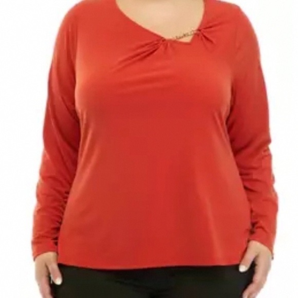 Michael Kors Plus-Size Rust Long-Sleeve Knot-Neck Top
